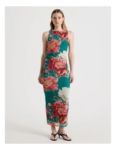 Mesh Sleeveless Midi Dress in Teal Botanical Print