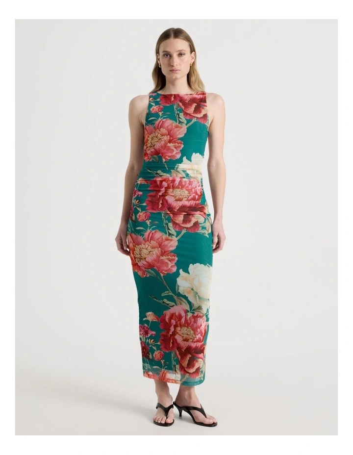 Mesh Sleeveless Midi Dress in Teal Botanical Print image 1
