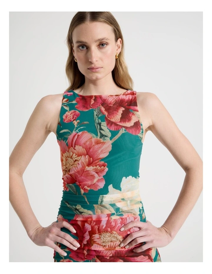 Mesh Sleeveless Midi Dress in Teal Botanical Print image 2