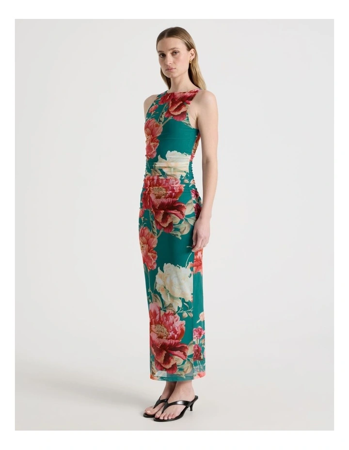 Mesh Sleeveless Midi Dress in Teal Botanical Print image 3