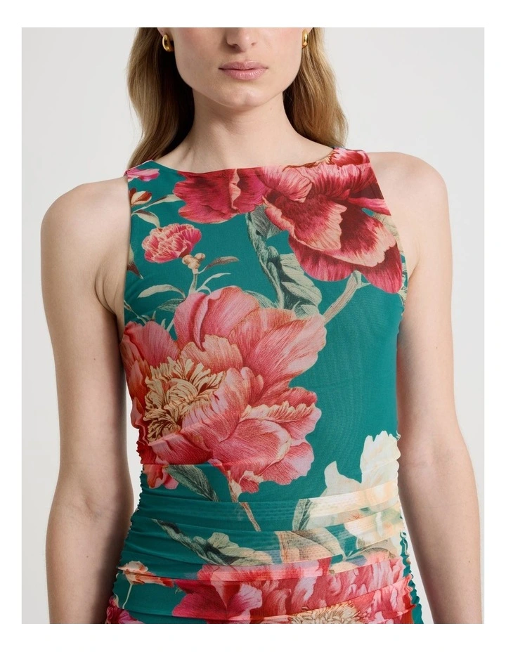 Mesh Sleeveless Midi Dress in Teal Botanical Print image 4