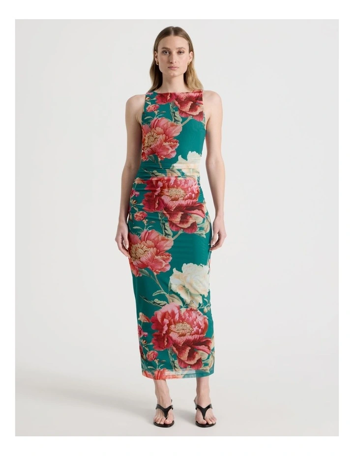 Mesh Sleeveless Midi Dress in Teal Botanical Print image 5