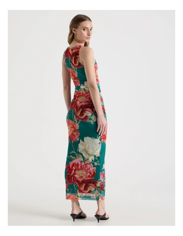 Mesh Sleeveless Midi Dress in Teal Botanical Print image 6