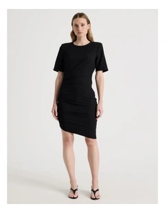 Asymmetric Ruched Short Sleeve Dress in Black
