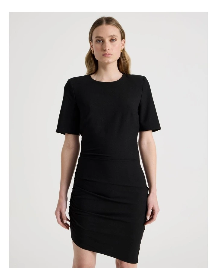 Asymmetric Ruched Short Sleeve Dress in Black image 2