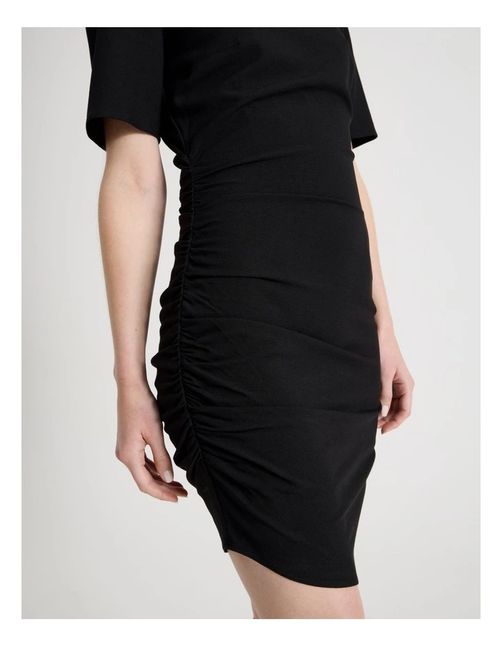 Asymmetric Ruched Short Sleeve Dress in Black image 3