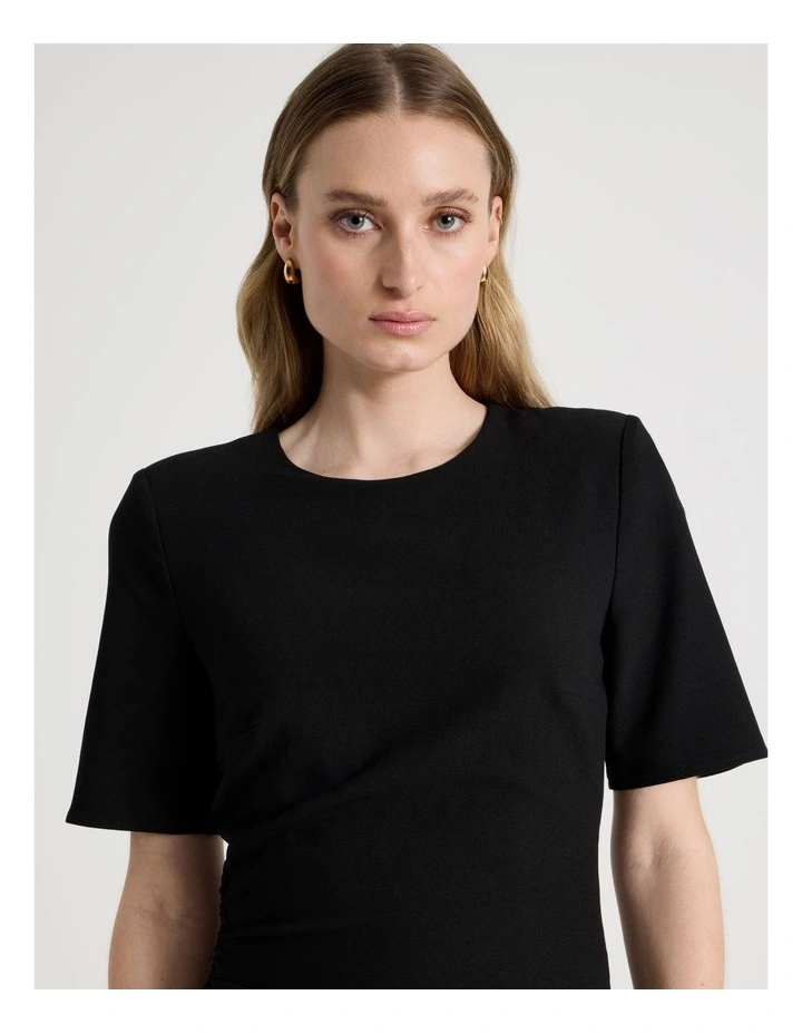 Asymmetric Ruched Short Sleeve Dress in Black image 4
