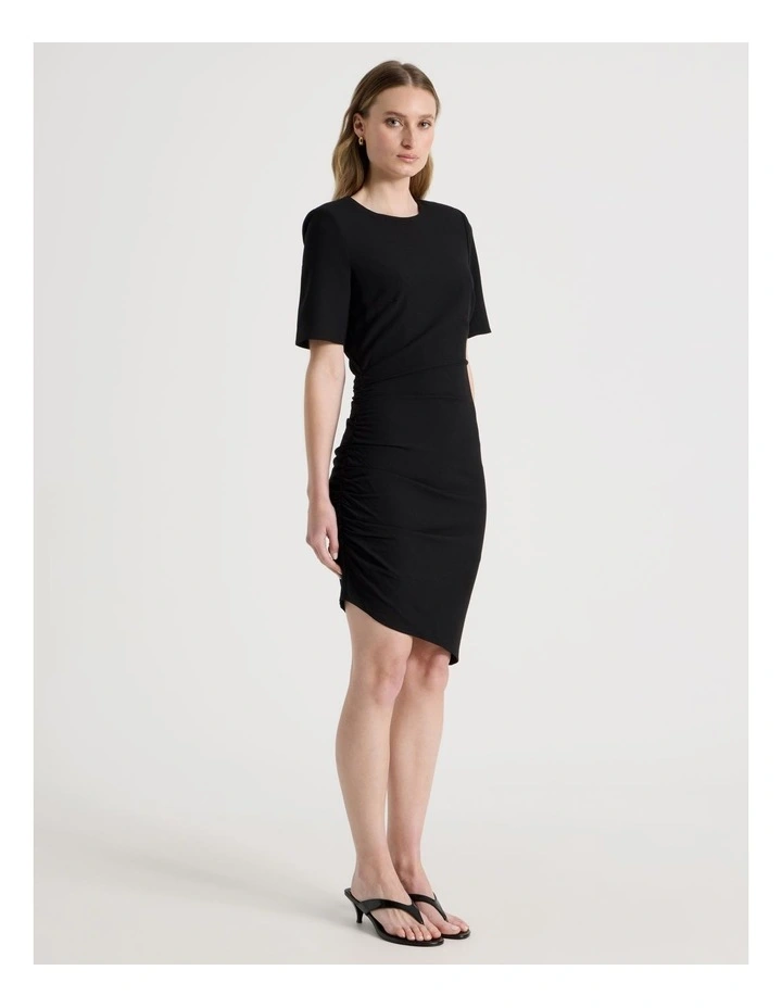 Asymmetric Ruched Short Sleeve Dress in Black image 5