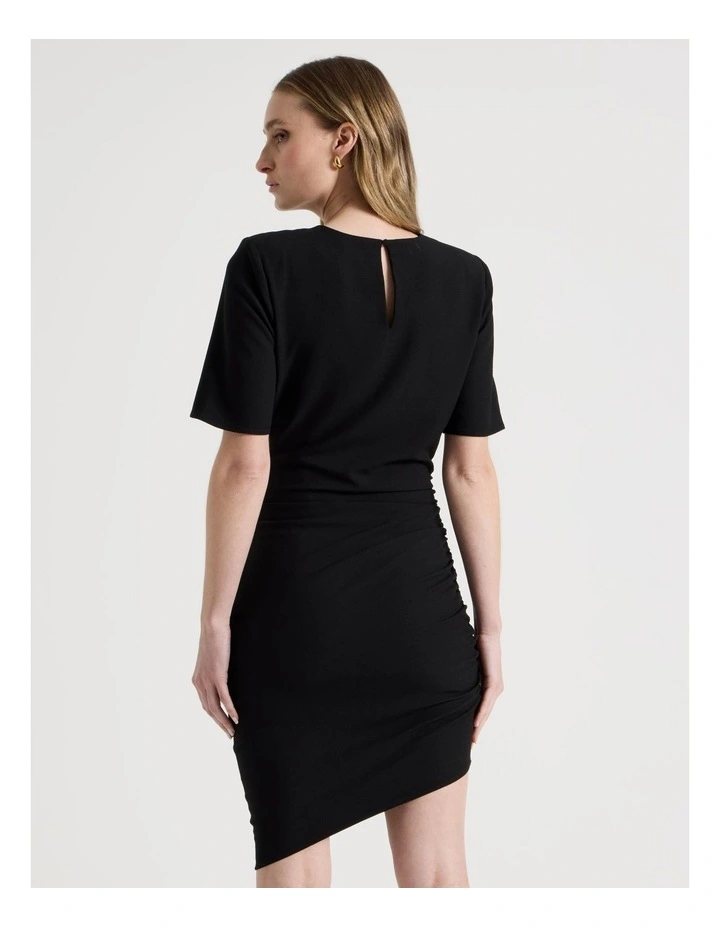 Asymmetric Ruched Short Sleeve Dress in Black image 6