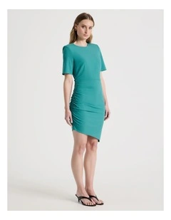 Asymmetric Ruched Short Sleeve Dress in Teal