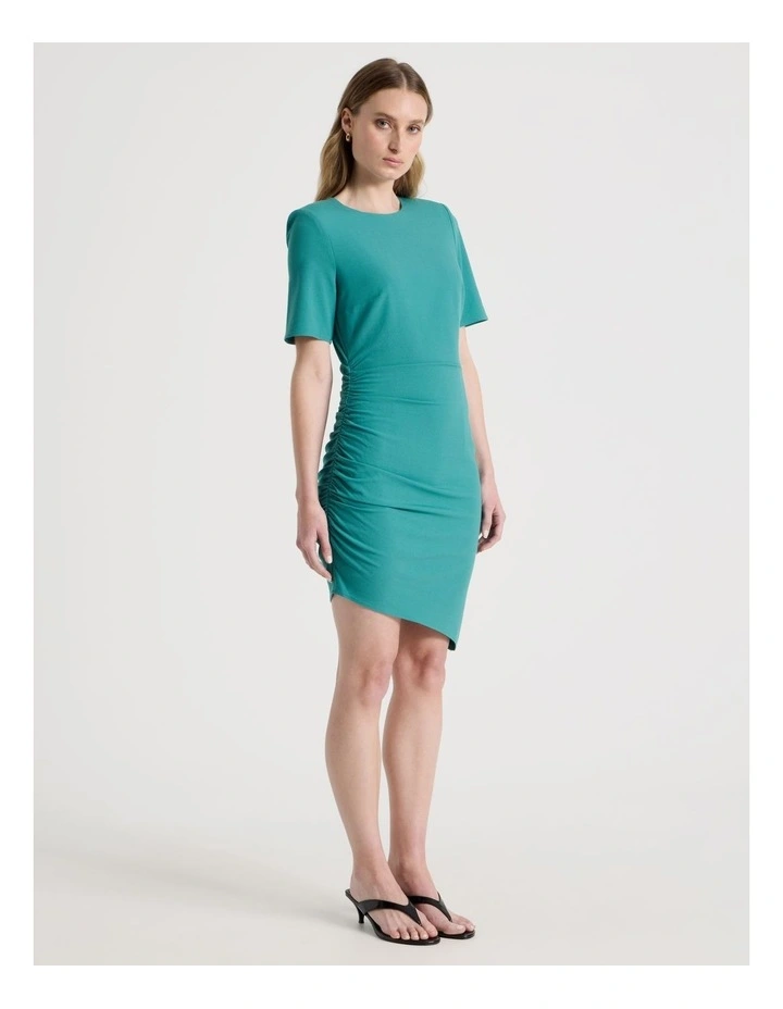 Asymmetric Ruched Short Sleeve Dress in Teal image 1