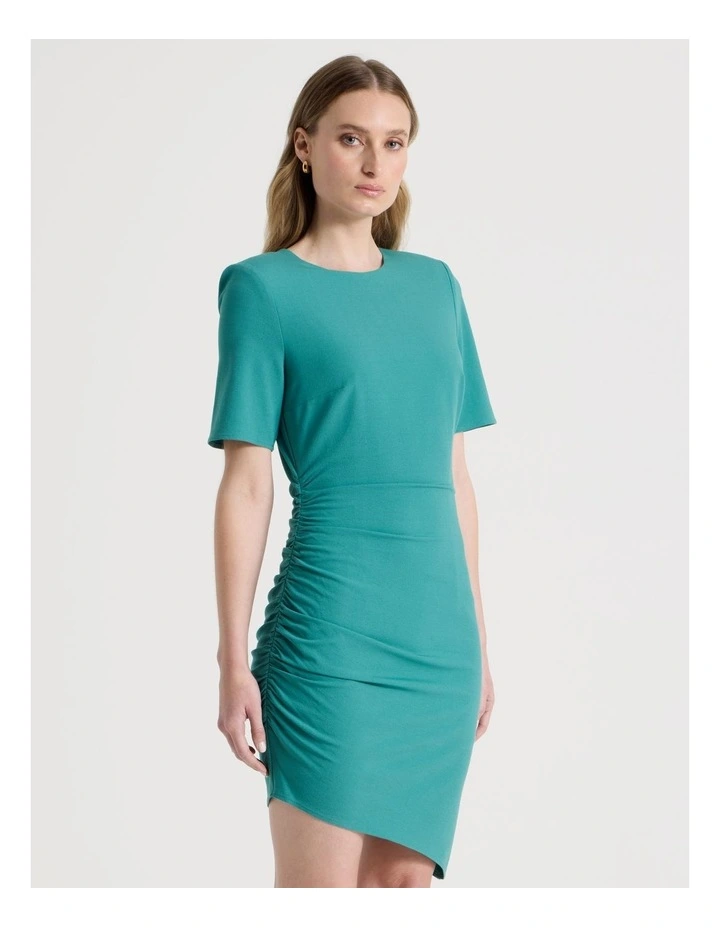 Asymmetric Ruched Short Sleeve Dress in Teal image 4