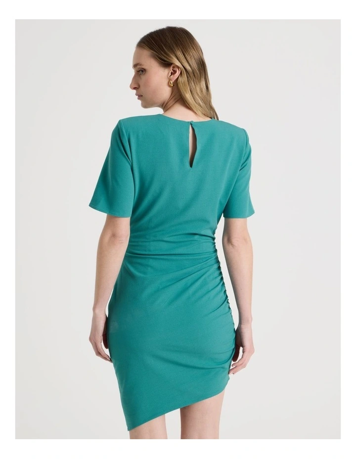Asymmetric Ruched Short Sleeve Dress in Teal image 5