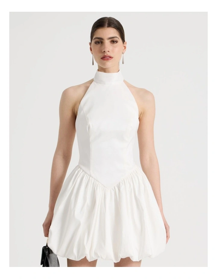 Halter Balloon Mini Dress in White image 2