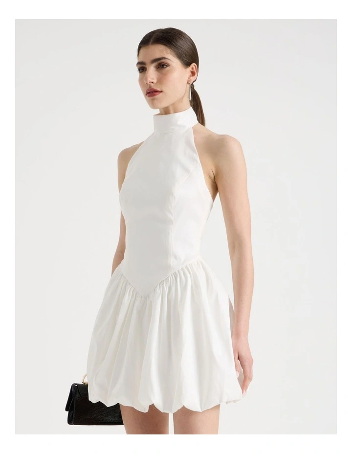 Halter Balloon Mini Dress in White image 3