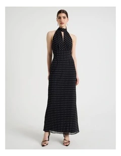 Halter Plunge Maxi Dress in Black/White