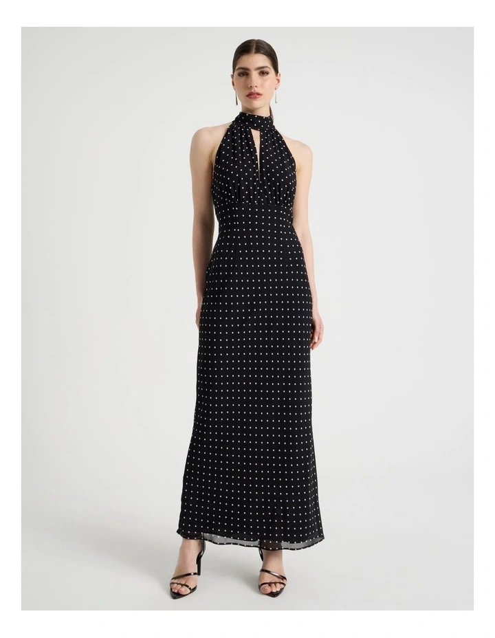Halter Plunge Maxi Dress in Black/White image 1