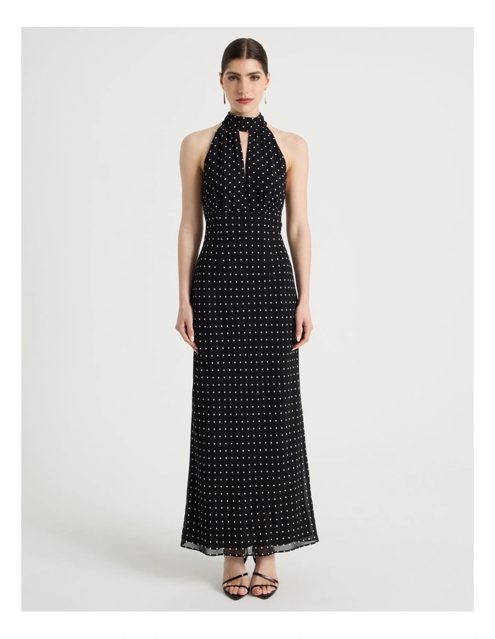 Halter Plunge Maxi Dress in Black/White image 5