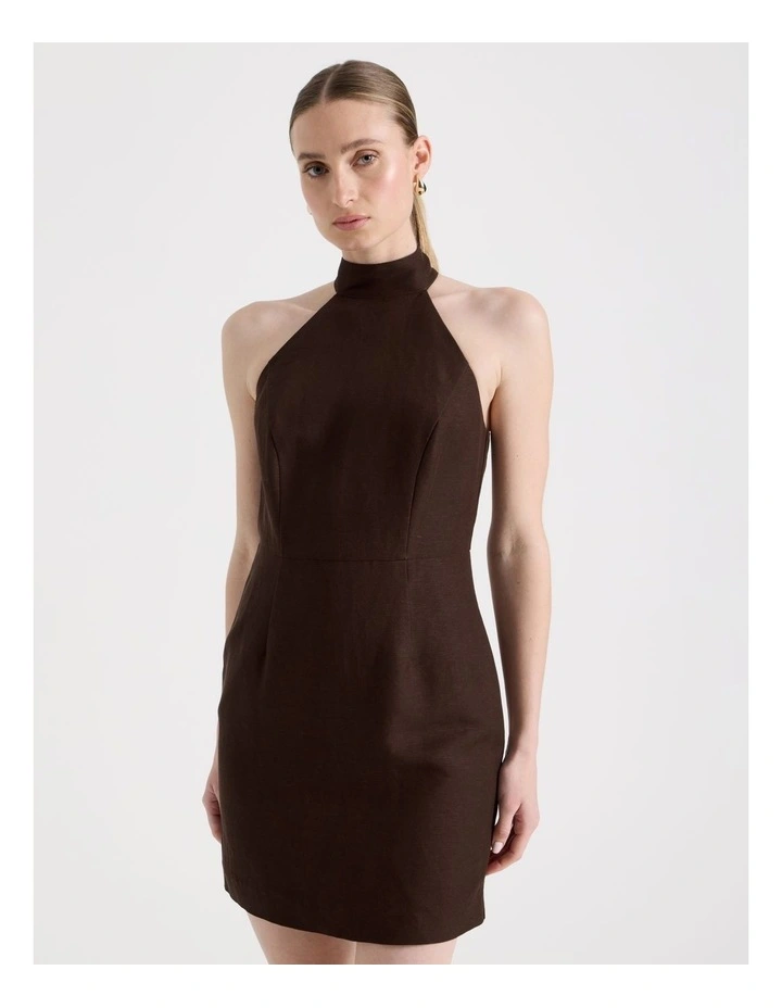 Linen Blend Halter Mini Dress in Brown image 1