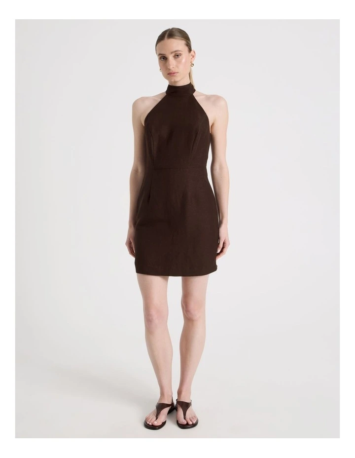 Linen Blend Halter Mini Dress in Brown image 2
