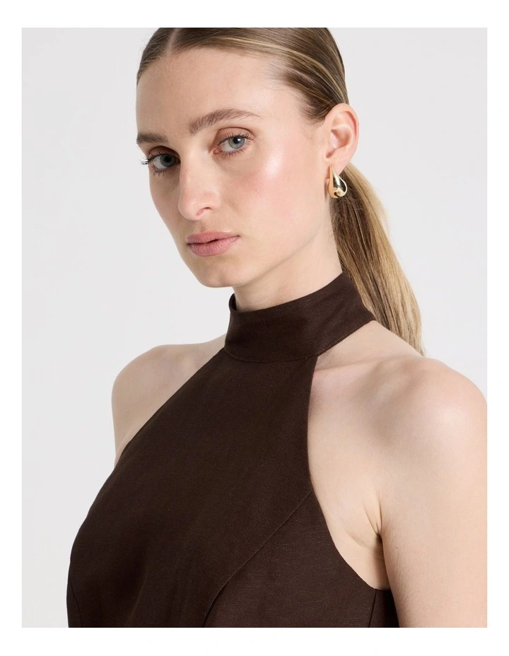 Linen Blend Halter Mini Dress in Brown image 3