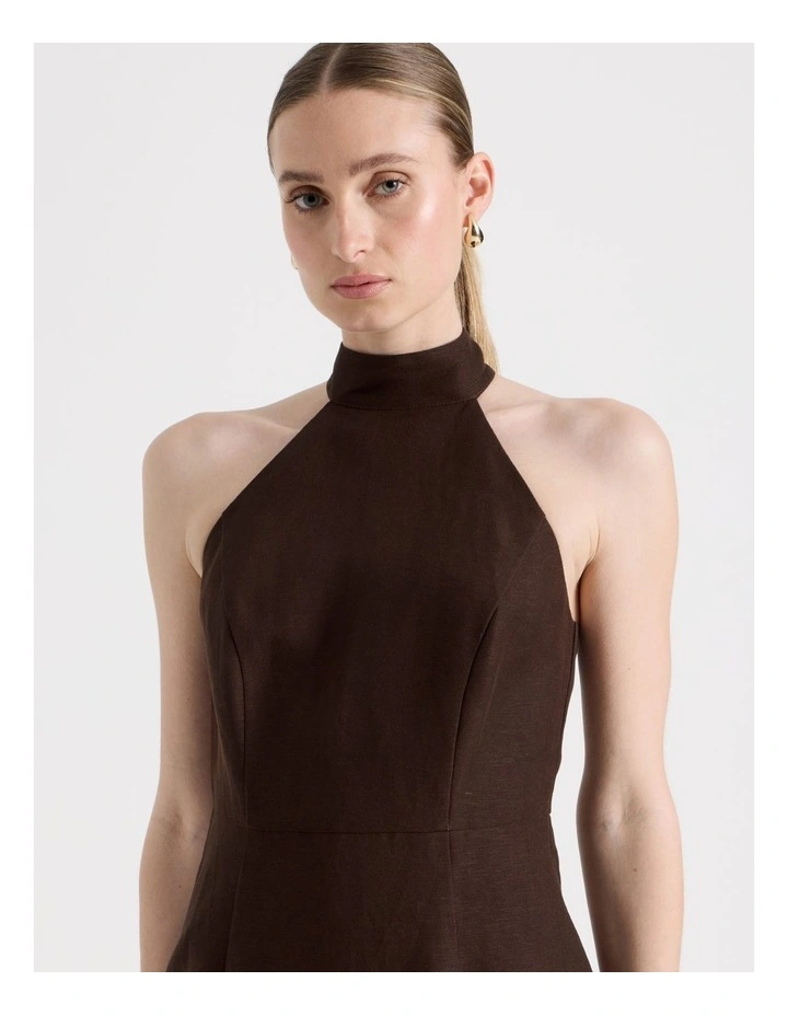 Linen Blend Halter Mini Dress in Brown image 4