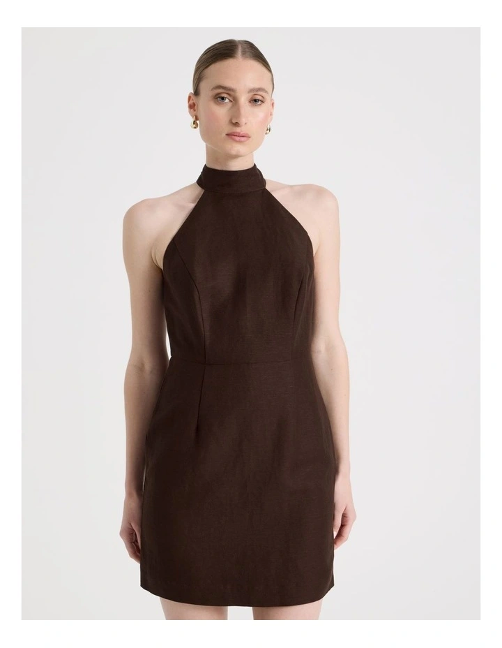 Linen Blend Halter Mini Dress in Brown image 5