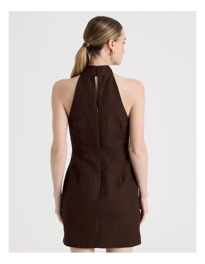 Linen Blend Halter Mini Dress in Brown image 6