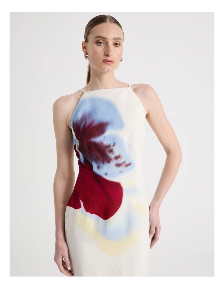 Linen Blend Square Neck Midi Dress in White image 2