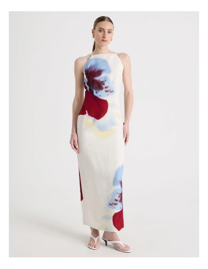 Linen Blend Square Neck Midi Dress in White image 4