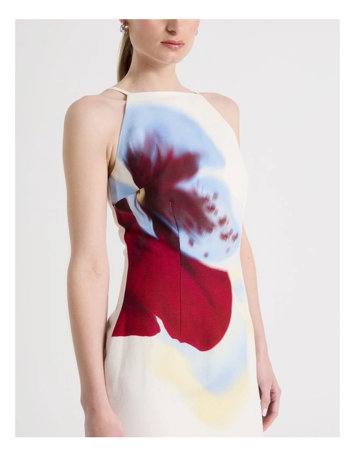Linen Blend Square Neck Midi Dress in White image 5