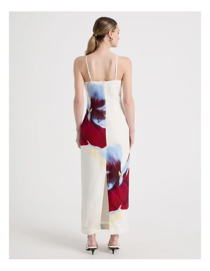 Linen Blend Square Neck Midi Dress in White image 6