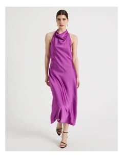 Satin Halter Maxi Dress in Grape