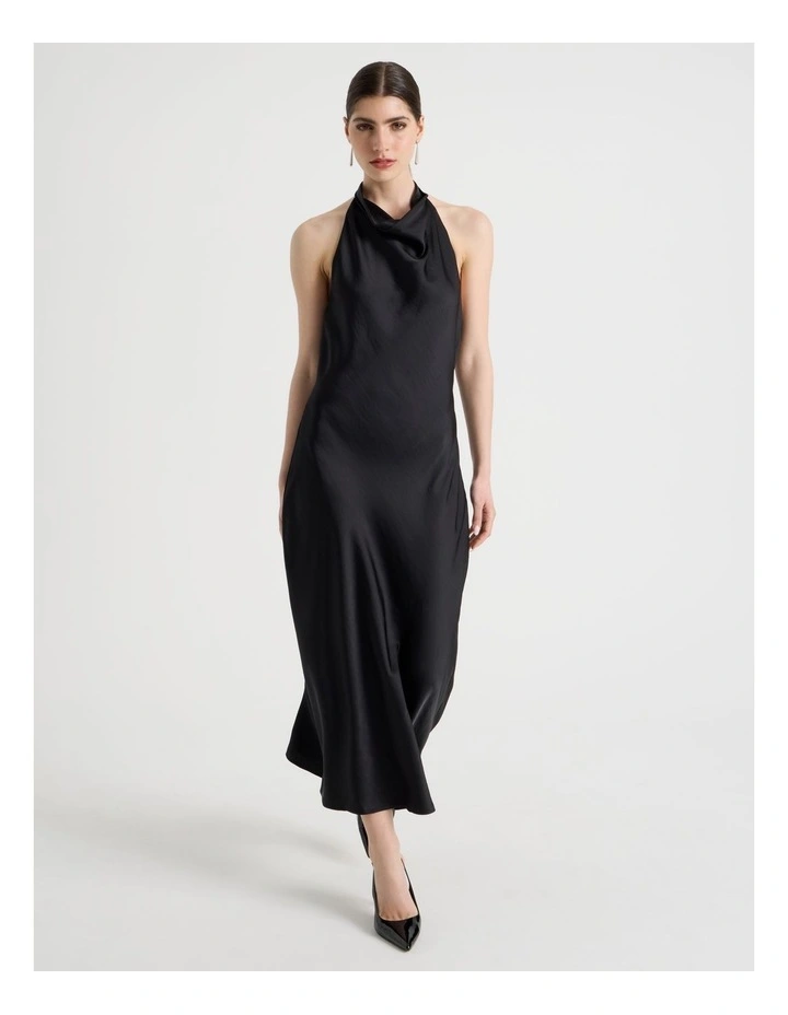 Satin Halter Maxi Dress in Black image 2