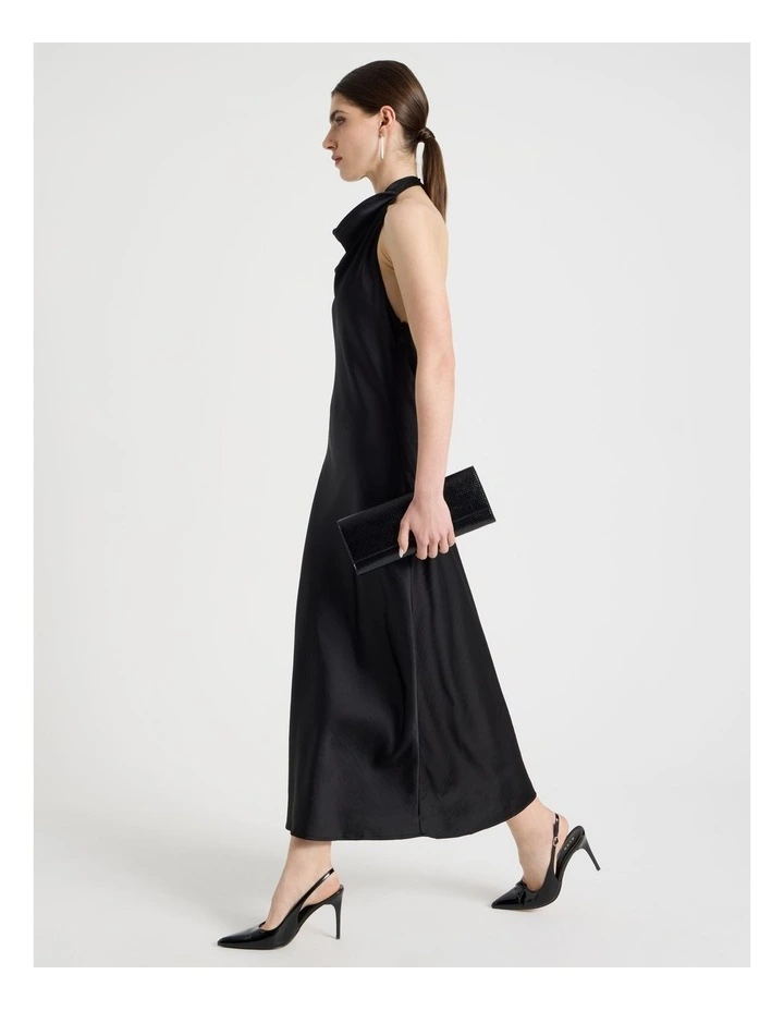 Satin Halter Maxi Dress in Black image 4