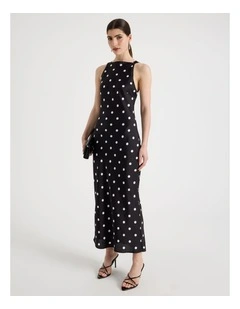 Satin Boat Neck Midi Dress in Black/White