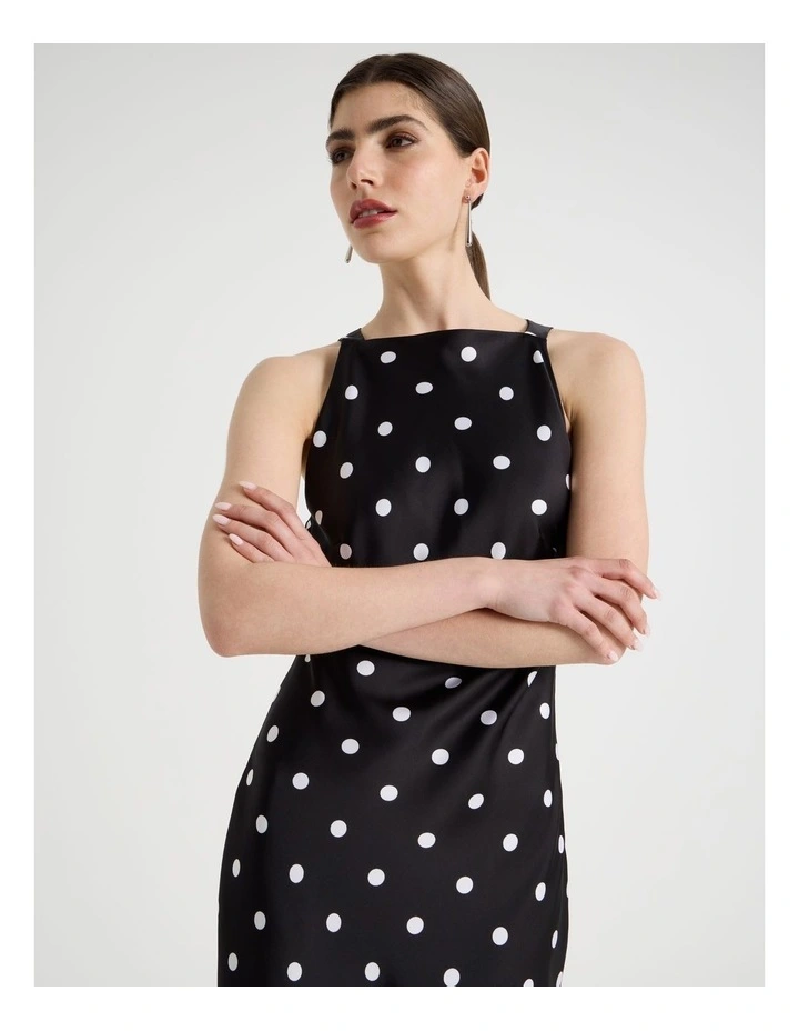 Satin Boat Neck Midi Dress in Black/White image 2
