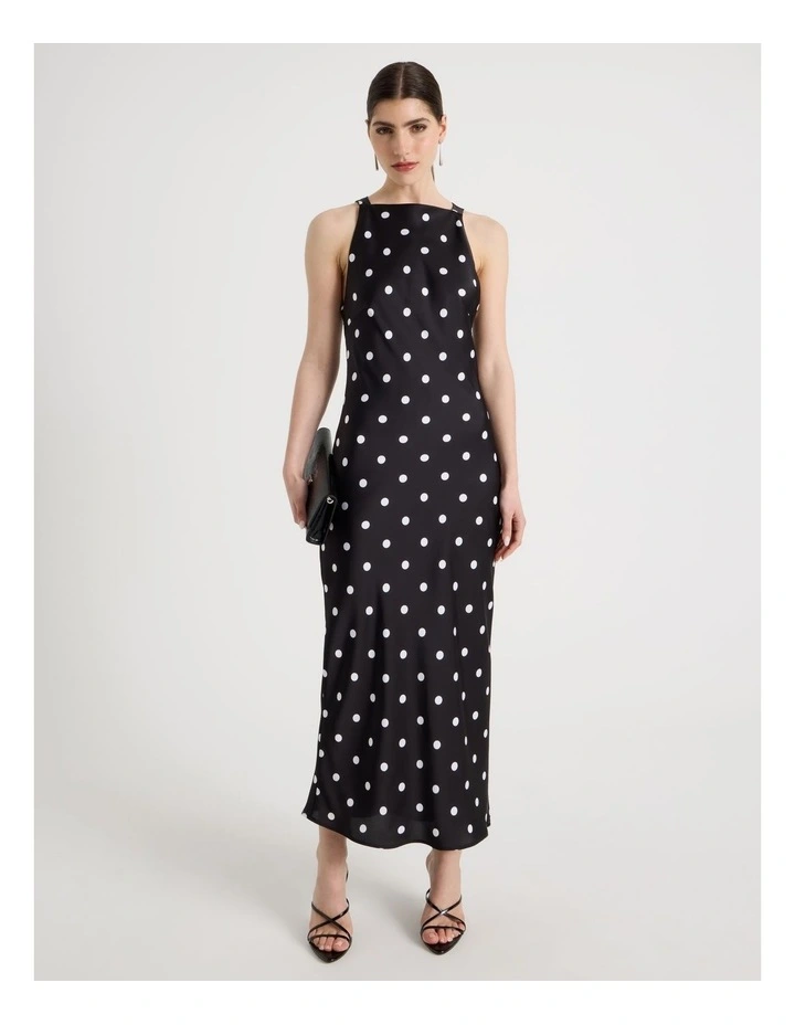 Satin Boat Neck Midi Dress in Black/White image 3