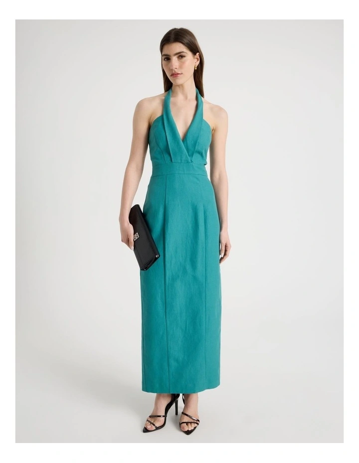 Cotton Linen Blend Column Midi Dress in Teal image 1