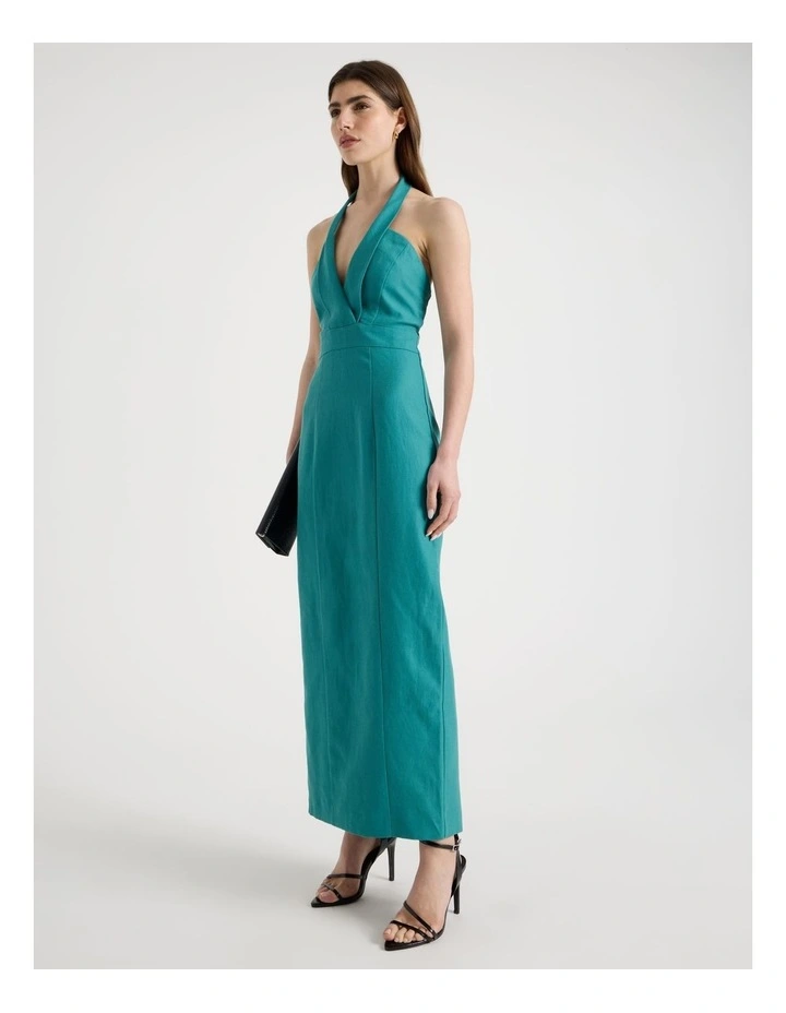 Cotton Linen Blend Column Midi Dress in Teal image 3
