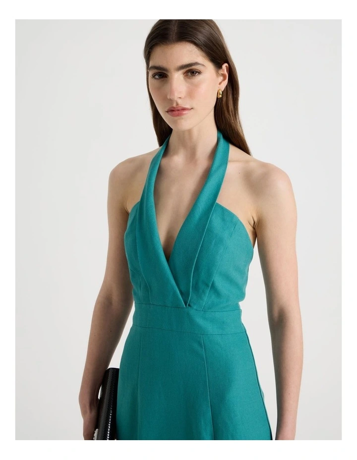 Cotton Linen Blend Column Midi Dress in Teal image 4