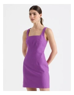 Cotton Linen Blend Scoop Neck Mini Dress in Grape