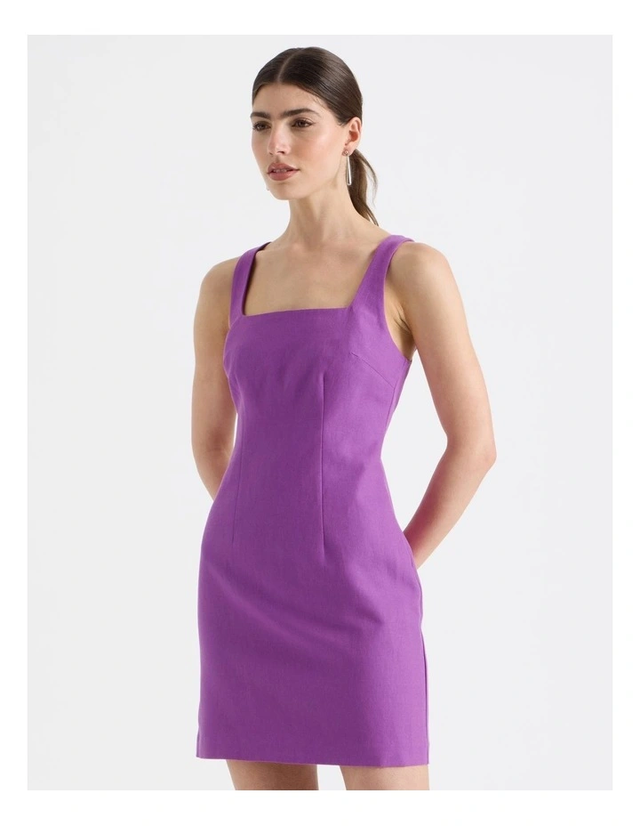 Cotton Linen Blend Scoop Neck Mini Dress in Grape image 1