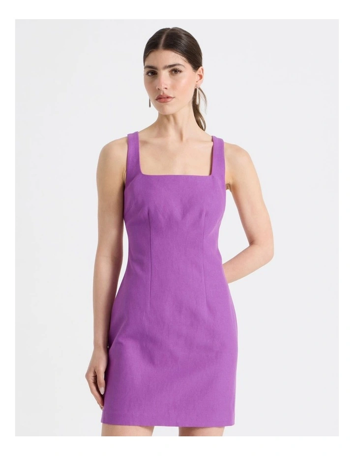 Cotton Linen Blend Scoop Neck Mini Dress in Grape image 3