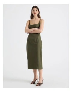 Cotton Blend Sleeveless Midi Dress With Darts in Olive