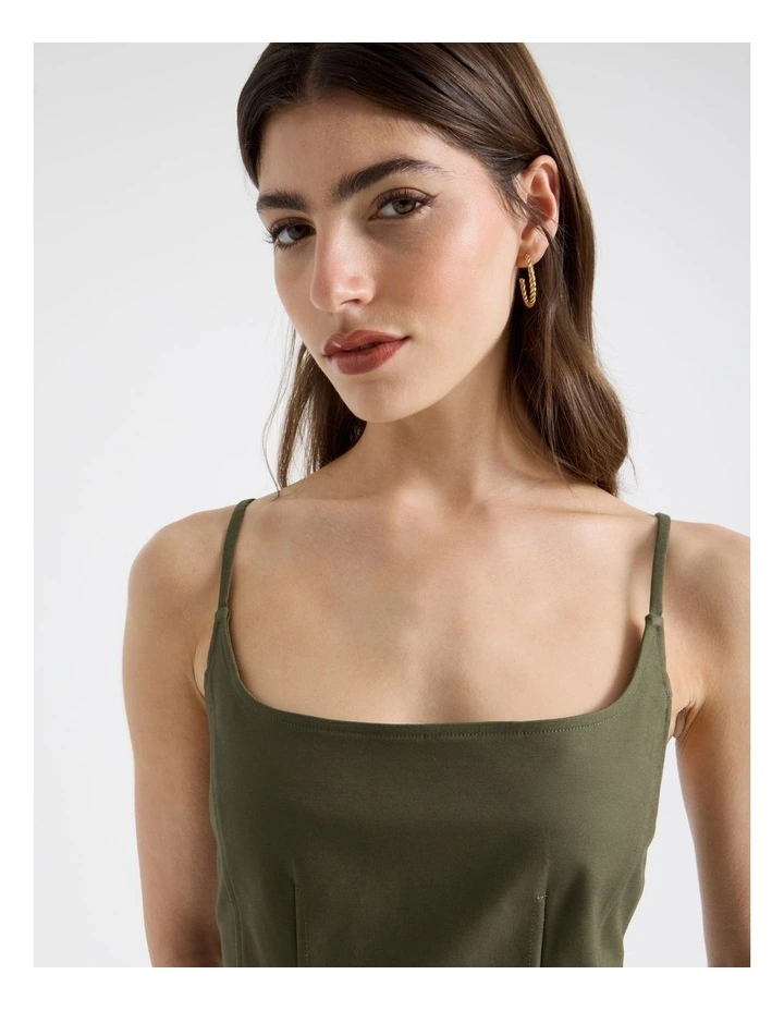 Cotton Blend Sleeveless Midi Dress With Darts in Olive image 2