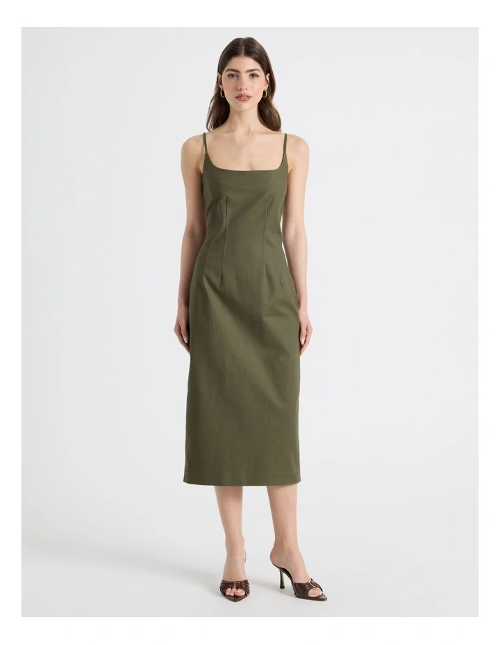 Cotton Blend Sleeveless Midi Dress With Darts in Olive image 3