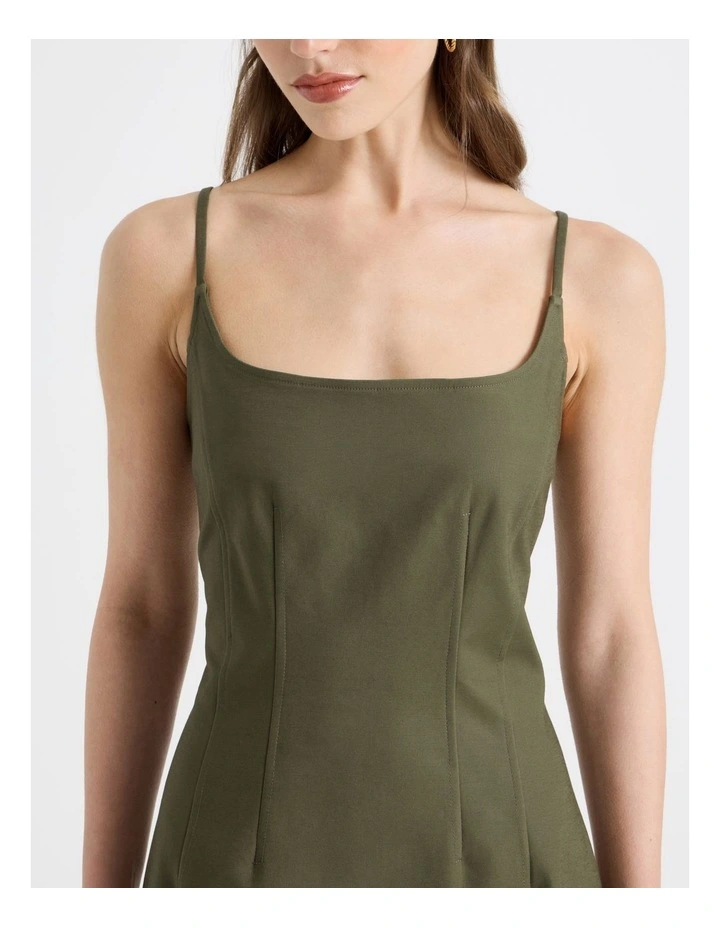 Cotton Blend Sleeveless Midi Dress With Darts in Olive image 4