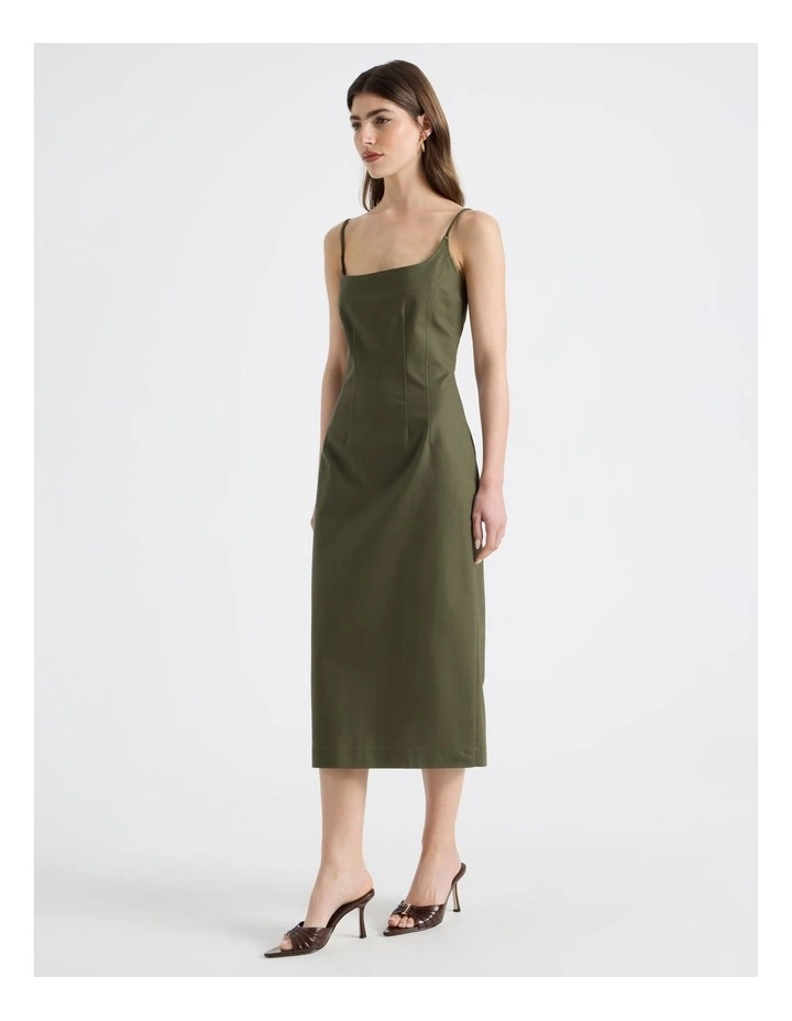 Cotton Blend Sleeveless Midi Dress With Darts in Olive image 5