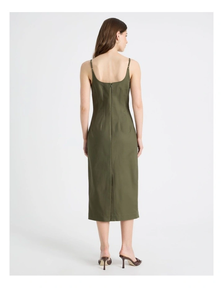 Cotton Blend Sleeveless Midi Dress With Darts in Olive image 6